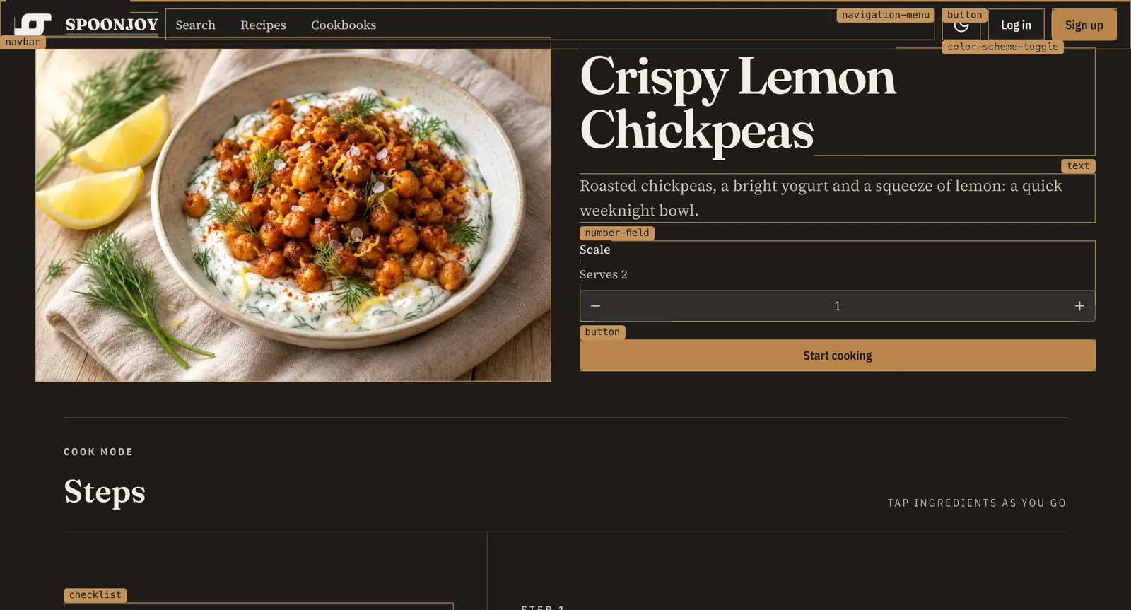 Spoonjoy's Crispy Lemon Chickpeas recipe in dark mode with X-ray on: the navbar, a number field, a button and a checklist are outlined and labeled with their Ouro HX component names.