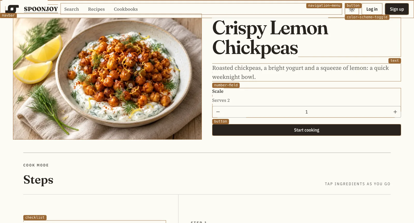 Spoonjoy's Crispy Lemon Chickpeas recipe with X-ray on: the navbar, a number field, a button and a checklist are outlined and labeled with their Ouro HX component names.