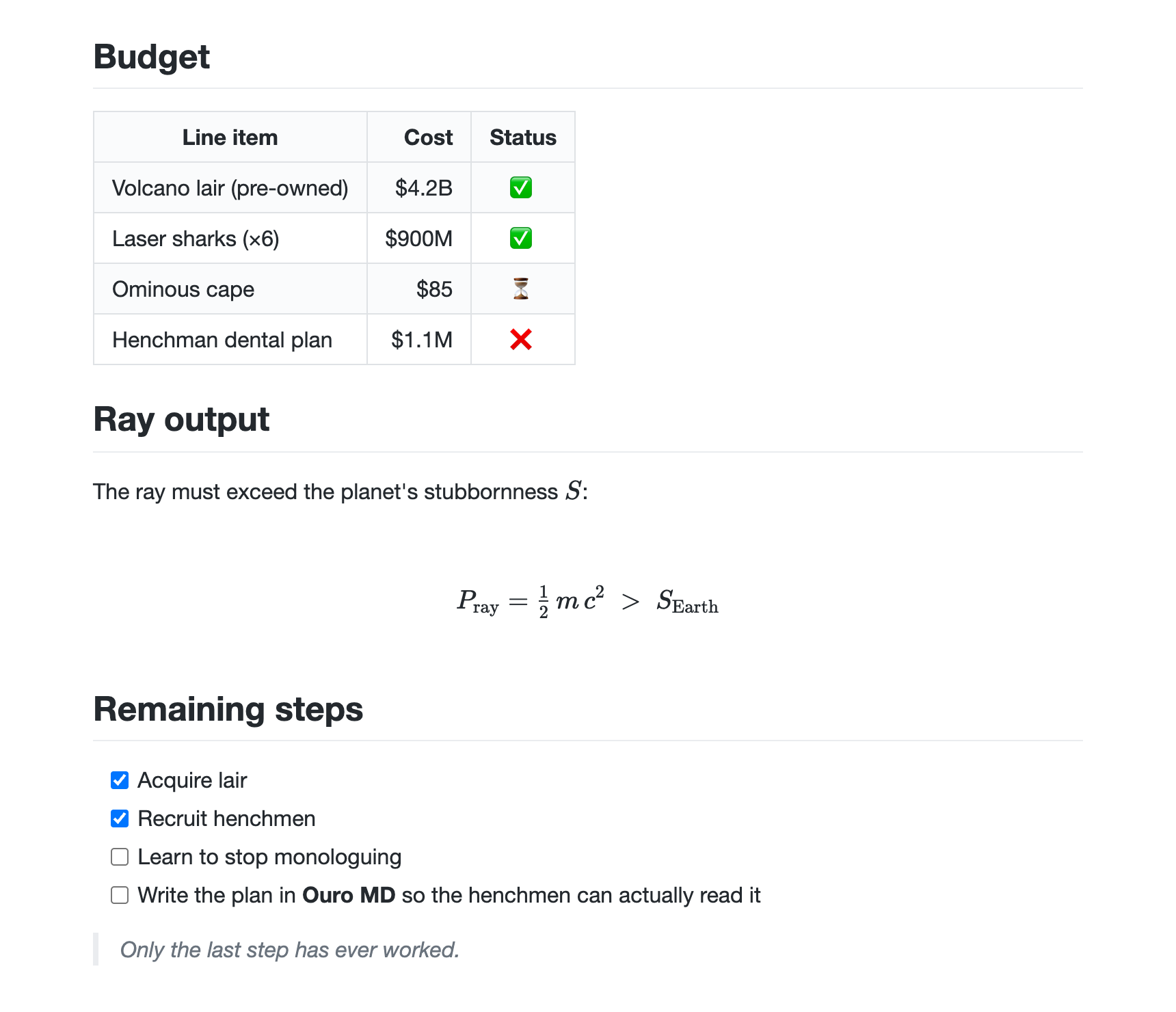 Ouro MD rendering a table with emoji status, a KaTeX equation, and a checkbox task list.